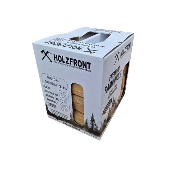 Brennholz im Karton auf Palette