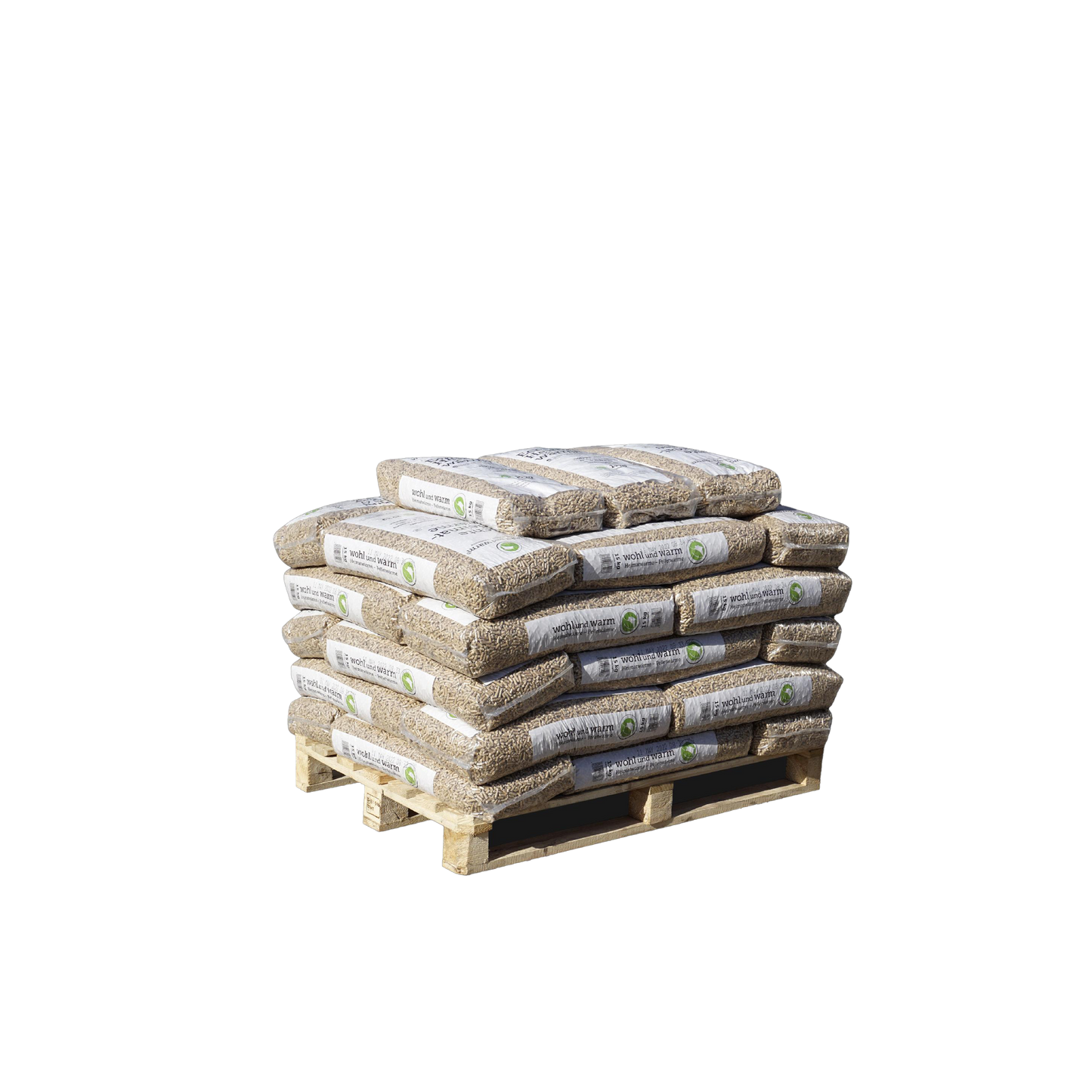 Holzpellets wohl und warm auf Palette