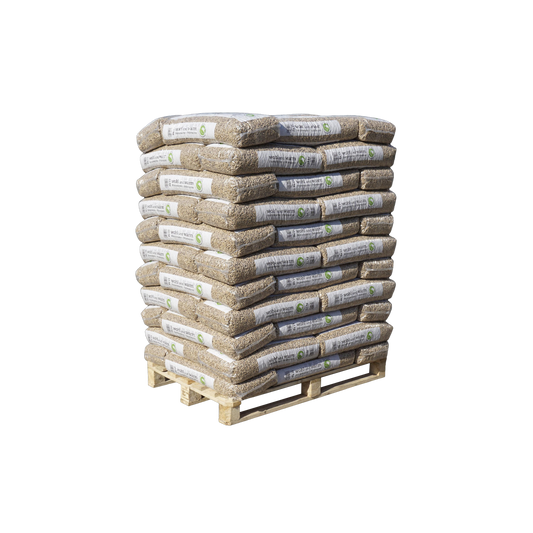Holzpellets wohl und warm auf Palette